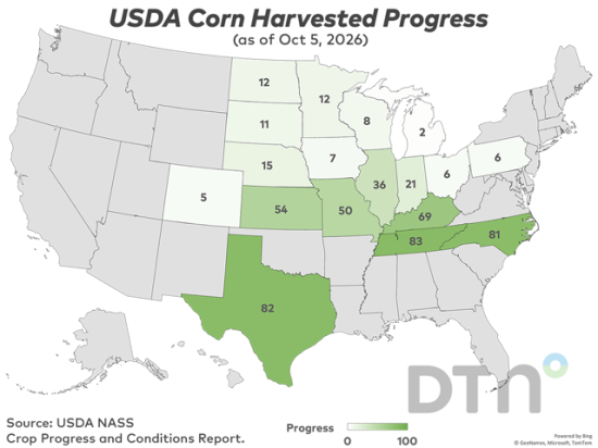 This map shows corn harvest progress by state for the week ended Sunday, Oct. 4, according to USDA NASS. Nationwide, 23% of the crop was harvested, 4 percentage points behind the five-year average. (USDA NASS data; DTN graphic by Kathy Myers)