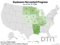 This map shows soybean harvest progress by state for the week ended Sunday, Oct. 11, according to USDA NASS. Nationwide, 46% of the crop was harvested, 4 percentage points behind the five-year average. (USDA NASS data; DTN graphic by Kathy Myers)