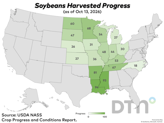 This map shows soybean harvest progress by state for the week ended Sunday, Oct. 11, according to USDA NASS. Nationwide, 46% of the crop was harvested, 4 percentage points behind the five-year average. (USDA NASS data; DTN graphic by Kathy Myers)