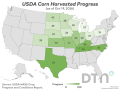 This map shows corn harvest progress by state for the week ended Sunday, Oct. 18, according to USDA NASS. Nationwide, 44% of the crop was harvested, 8 percentage points behind the five-year average. (USDA NASS data; DTN graphic by Kathy Myers)