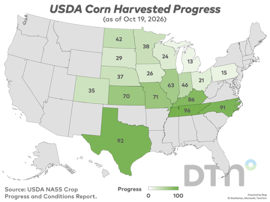 This map shows corn harvest progress by state for the week ended Sunday, Oct. 18, according to USDA NASS. Nationwide, 44% of the crop was harvested, 8 percentage points behind the five-year average. (USDA NASS data; DTN graphic by Kathy Myers)