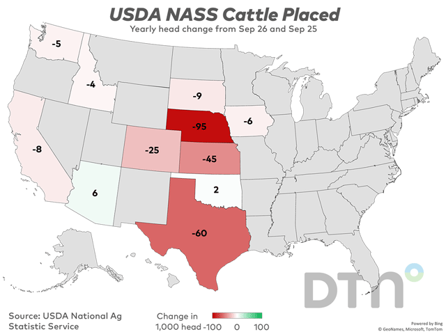 This map shows the change in cattle placements by state from September 2025 to September 2026. Placements in feedlots during September totaled 1.78 million head, 12% below 2025. Net placements were 1.73 million head. Placements were the lowest for September since the series began in 1996, USDA NASS reported on Friday. (Source: USDA; map by Kathy Myers)