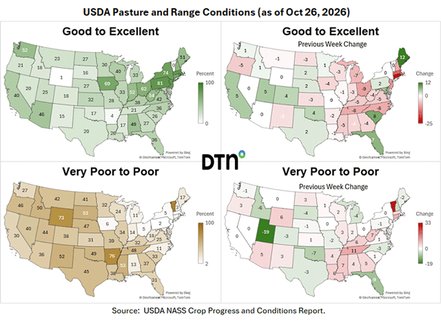 Very little change was seen over the past week in pasture and range conditions across the country. (DTN maps by Kathy Myers)