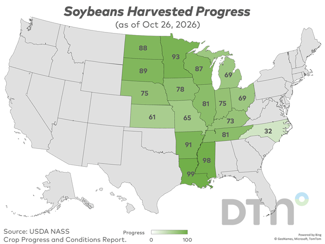 This map shows soybean harvest progress by state for the week ended Sunday, Oct. 25, according to USDA NASS. Nationwide, 79% of the crop was harvested, 2 percentage points ahead of the five-year average. (USDA NASS data; DTN graphic by Kathy Myers)