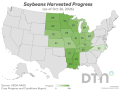 This map shows soybean harvest progress by state for the week ended Sunday, Oct. 25, according to USDA NASS. Nationwide, 79% of the crop was harvested, 2 percentage points ahead of the five-year average. (USDA NASS data; DTN graphic by Kathy Myers)