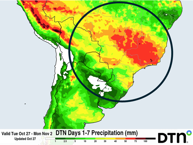 Rain shifting back into central Brazil and out of southern Brazil over the next week should help producers across the country with their soybean planting and early establishment of that crop. (DTN graphic)