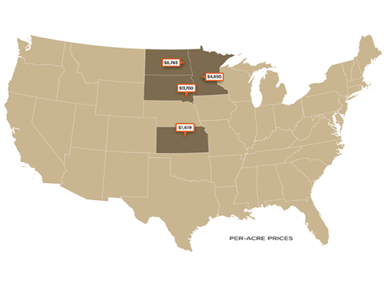 Per-acre prices of recent farmland sales. (DTN graphic)