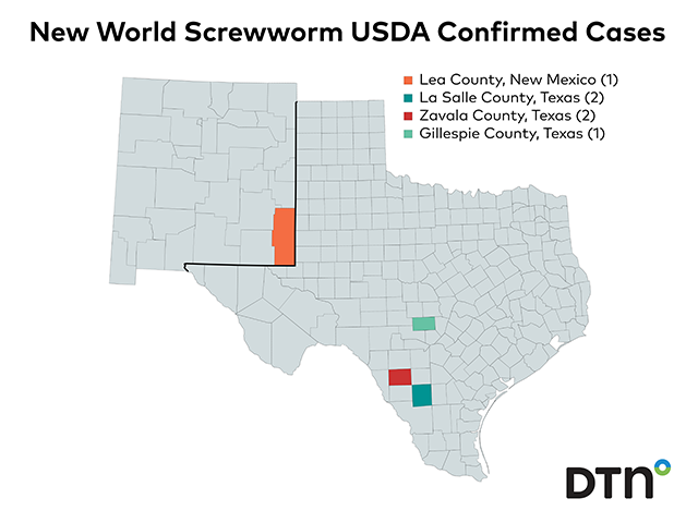 USDA's National Veterinary Services Laboratories on Tuesday confirmed a sixth U.S. case of New World screwworm in a calf in La Salle County, Texas. (DTN map)