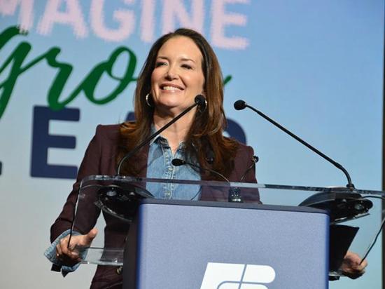 Agriculture Secretary Brooke Rollins opens her speech at the American Farm Bureau Federation's annual meeting in Anaheim, California. In her speech, Rollins recapped policy changes under the Trump administration; she also called on Congress to pass E15 legislation. (DTN photo by Chris Clayton)