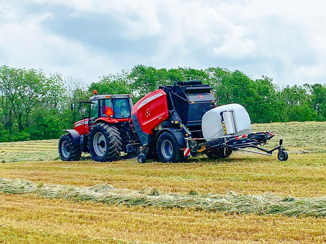 Massey Ferguson rolls out Protec bale-wrapping unit that allows producers to harvest and ensile high-moisture forages in one process. (DTN/Progressive Farmer photo courtesy of AGCO Corp.)