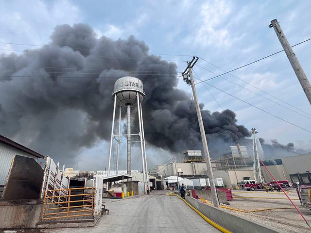 A fire broke out early July 28, 2026, at the Agri Star Meat &amp; Poultry facility in Postville, Iowa. (Photo courtesy of Fayette County Iowa EMA)