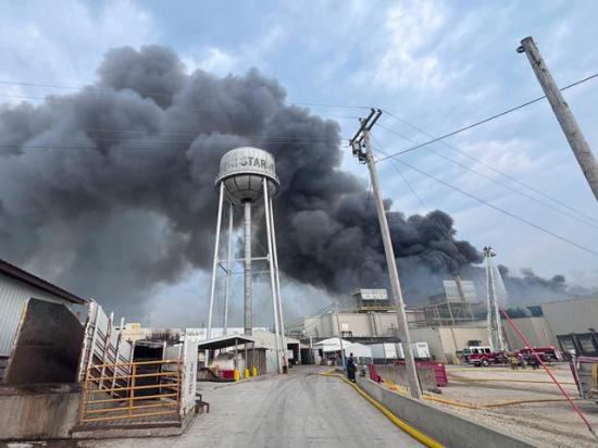 A fire broke out early July 28, 2026, at the Agri Star Meat &amp; Poultry facility in Postville, Iowa. (Photo courtesy of Fayette County Iowa EMA)