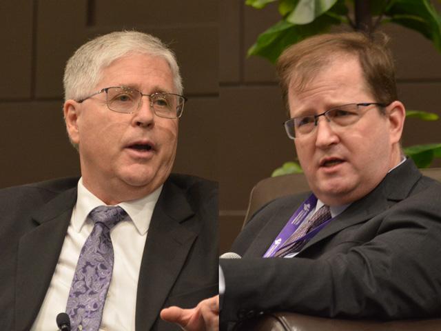 Arlan Suderman (left), chief commodities economist at StoneX, and Seth Meyer, chief economist for USDA, took part Friday in a panel discussion at the CFTC&#039;s "AgCon" meeting in Overland Park, Kansas. Suderman said commodity customers felt betrayed over USDA NASS dropping a few key reports for the year. (DTN photos by Chris Clayton)