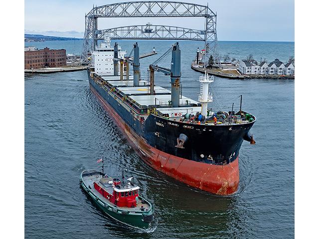 The Motor Vehicle Barbro G, sailing under the flag of Portugal, arrived in the Duluth Harbor as the first saltie of the season, entering Duluth's Aerial Lift Bridge at 11:44 a.m. April 1. (Photo courtesy Schauer Photo Images)