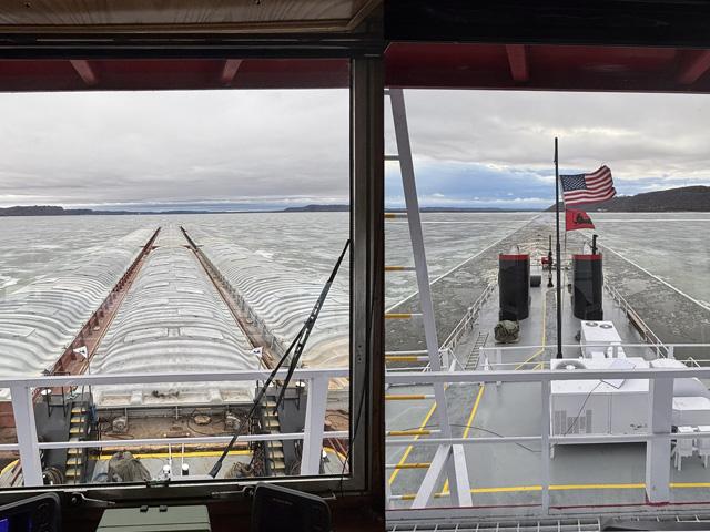 MV Angela K cutting through the ice on Lake Pepin on her way to St. Paul, Minnesota, to open the Far Upper Mississippi River 2026 shipping season. (Photos courtesy of Captain Aaron Hundt)