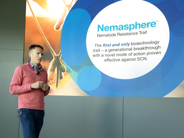 Michael McCarville, BASF trait development manager, introduced Nemasphere, the company&#039;s transgenic Bt trait for SCN resistance, to a group of agricultural journalists at an event in North Carolina in May. (DTN photo by Jason Jenkins)