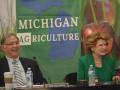 Sen. John Boozman, R-Ark., and Sen. Debbie Stabenow, D-Mich., share a laugh at the start of a field hearing on the next farm bill at Michigan State University on Friday. Stabenow chairs the U.S. Senate Agriculture Committee and Boozman is the ranking member. (DTN photo by Chris Clayton) 
