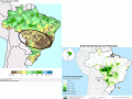 Outside of a few spotty showers, there has been almost no rain to fall in central Brazil since at least April 18 (left). On the right, showing the primary safrinha (second-crop) corn growing areas in Brazil. (USDA graphics)