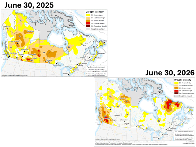 A side-by-side comparison of drought monitors from late June 2025 to June 2026 shows a vast improvement in drought across the Canadian Prairies. (Agriculture and Agri-Food Canada image)