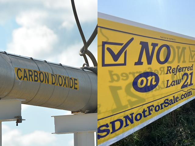 Voters in South Dakota defeated a ballot measure that was meant to validate a new state law setting requirements for counties and carbon pipelines. Landowner groups maintained the new law offered a clear pathway for carbon pipelines to be approved and took away local control. (DTN photo of carbon pipeline; Sign photo courtesy of Amanda Radke) 