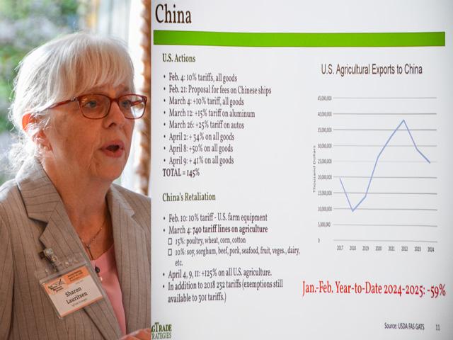 Sharon Bomer Lauritsen, founder of AgTrade Strategies LLC, speaks to agriculture reporters on Monday in Washington. Bomer Lauritsen served 15 years at the U.S. Trade Representative&#039;s Office and helped negotiate the China Phase One Agreement in the first Trump administration. (DTN photo by Chris Clayton) 
