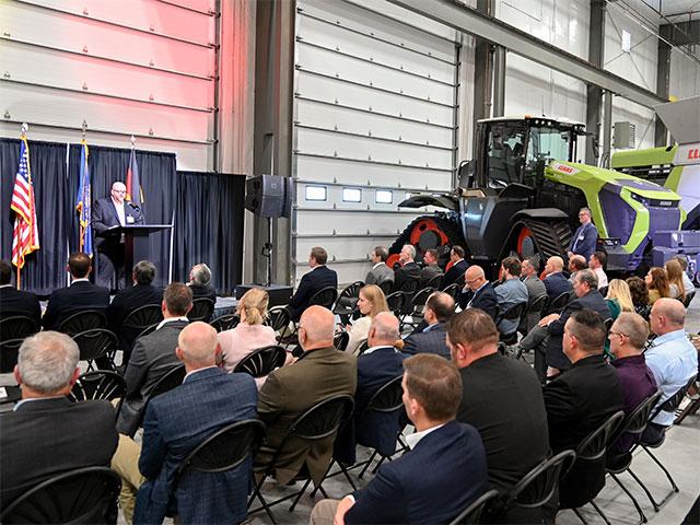 Markus Koch, head of research and development at CLAAS Omaha, outlined the role the company's new Research &amp; Development Center in Omaha, Nebraska, will play in advancing innovation and developing equipment for North American customers during a ribbon-cutting ceremony on Thursday, Oct. 8. (DTN photo by Matthew Wilde)