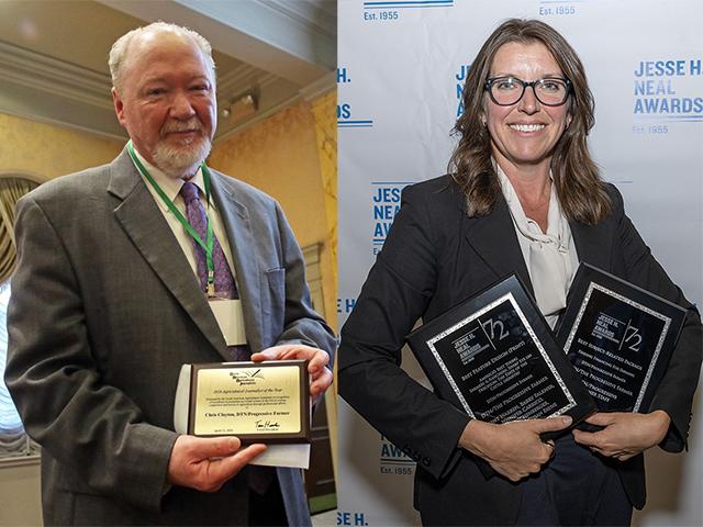 DTN/Progressive Farmer Publisher Jackie Cairnes accepted two Jesse H. Neal Awards on behalf of the company recently in New York City, while DTN Ag Policy Editor Chris Clayton received the Journalist of the Year Award from the North American Agricultural Journalists in Washington, D.C., only a few days earlier. (Cairnes photo courtesy of Bruce Byers Photography; Clayton photo courtesy of Charles de Bourbon)