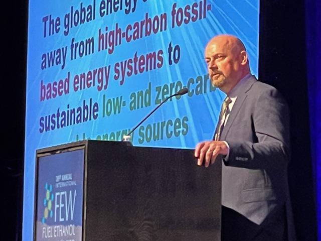 Geoff Cooper, CEO and president of the Renewable Fuels Association, said during a keynote address on Tuesday at the Fuel Ethanol Workshop in Omaha that ethanol and other biofuels need to be part of the so-called energy transition. (DTN photo by Todd Neeley)