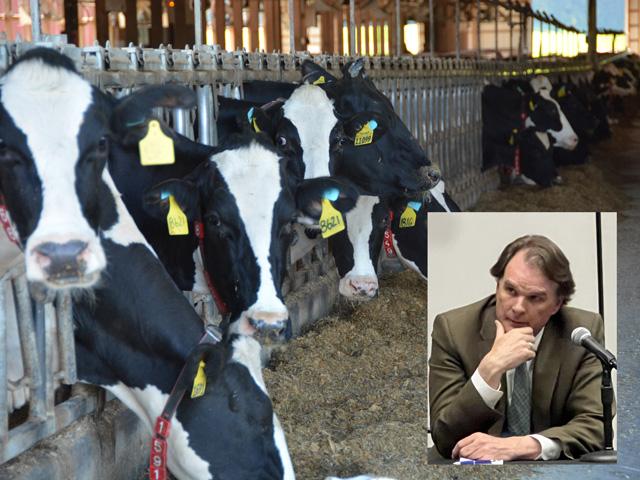 USDA Undersecretary for Farm Production and Conservation Robert Bonnie (inset) talks about climate-smart funding going to dairy operations and other livestock producers. Bonnie said any effort to help mitigate greenhouse gas emissions in agriculture must include livestock producers. (DTN image with photo by Chris Clayton) 