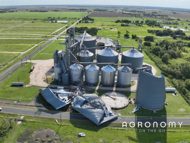 The United Agricultural Cooperative Inc. lost three grain bins with collective capacity to hold 1.1 million bushels at a grain elevator in Hillje, Texas, because of high winds from Hurricane Beryl. Beryl dumped as much as 8 inches of rain in some parts of Texas as well. (Photo courtesy of Jimmy Roppolo of United Ag Co-op)