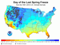 The typical last-frost date in the U.S. varies from north to south, but local conditions also have an effect. (NOAA graphic)