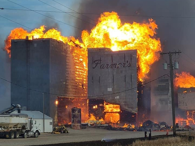 Grain elevators that had stood for a century were lost in a wildfire that hit Denton, Montana, on Dec. 1. (Photo from the Fergus County, Montana, Sheriff&#039;s Office) 