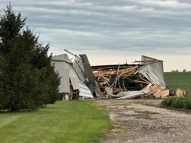 Storm damage from a derecho that occurred Monday night, July 28-29, included buildings such as on Den Herder farm near Sioux Center, Iowa. (Photo courtesy of Den Herder)