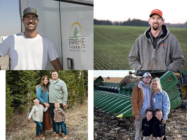 Familiar names topped the National Wheat Yield Contest in 2025, as each Bin Buster award winner had earned the title at least once previously. Clockwise from top left are Derek Friehe, of Moses Lake, Washington; Steve VanGrunsven, Forest Grove, Oregon; Nick Pfaff and family, Bismarck, North Dakota; and Rylee Reynolds and family, Twin Falls, Idaho. (DTN image by Nick Scalise)
