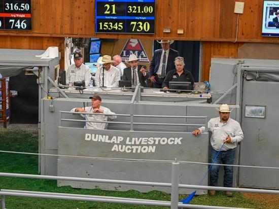 Jace Thompson, of Billings, Montana, was named the 2026 World Livestock Auctioneering Champion during the contest in St. Onge, South Dakota. He is pictured in the center, here, during the 2025 contest in Dunlap, Iowa. (DTN/Progressive Farmer photo by Jennifer Carrico)