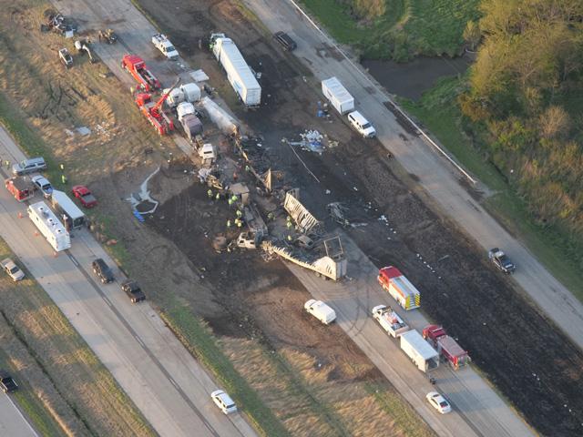 A central Illinois dust storm Monday, May 1, caused the crashes of a reported 40 to 60 cars, along with tractor-trailers, on Interstate 55. Six people died and 37 were taken to hospitals. (Photo courtesy Illinois State Patrol)
