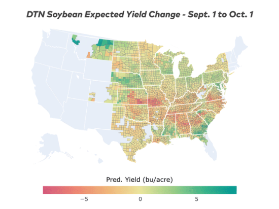 DTN's latest yield models reveal expected soybean yield decreases from Sept. 1 to Oct. 1 across much of the lower Midwest, Mid-South and Southeast. (DTN map by Scott Williams)