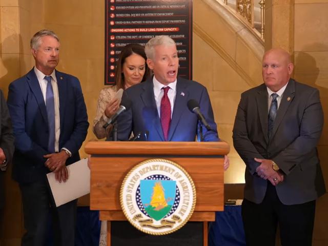 Energy Secretary Chris Wright speaks at a USDA press conference focused on fertilizer with Agriculture Secretary Brooke Rollins. Wright and Rollins said fertilizer projects have been burdened by permit requirements and the Biden administration's focus on climate initiatives. Wright is flanked by Sen. Roger Marshall, R-Kansas, left, and House Agriculture Committee Chairman Glenn "GT" Thompson, R-Pa. (image from USDA livestream)