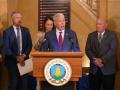 Energy Secretary Chris Wright speaks at a USDA press conference focused on fertilizer with Agriculture Secretary Brooke Rollins. Wright and Rollins said fertilizer projects have been burdened by permit requirements and the Biden administration's focus on climate initiatives. Wright is flanked by Sen. Roger Marshall, R-Kansas, left, and House Agriculture Committee Chairman Glenn "GT" Thompson, R-Pa. (image from USDA livestream)