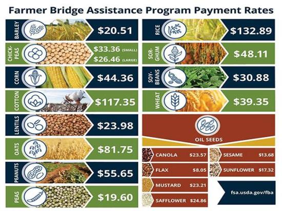 A USDA chart shows payment rates for the Farmer Bridge Assistance Program (FBA). The rates are paid on a per-acre basis. Farm groups thanked the Trump administration for the aid, but also stressed the need for policies to boost domestic markets and trade. (Chart courtesy of the Farm Service Agency)