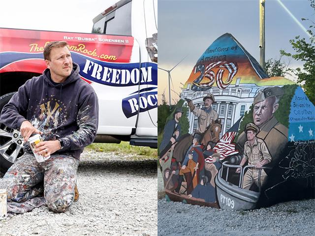Since 1999, Iowa native Ray "Bubba" Sorensen has painted each year a mural to honor the nation's men and women in uniform on a 60 ton-plus boulder called Freedom Rock. The 2026 Freedom Rock recognizes the nation's 250th birthday. (Photo on left courtesy of Ray "Bubba" Sorensen. On right, DTN/Progressive Farmer photo by Jennifer Carrico)