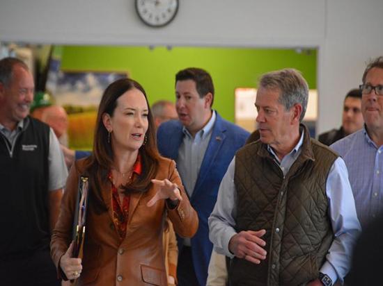 Agriculture Secretary Brooke Rollins and Nebraska Gov. Jim Pillen finish touring an independent pork processor, Wholestone Farms, on Monday in Fremont, Nebraska. Rollins used the trip to tout a set of policies for small farmers and sign a waiver allowing Nebraska to ban sugary drinks from SNAP purchases. (DTN photo by Chris Clayton) 