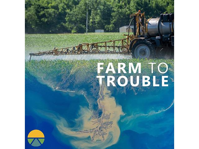 A farmer in Illinois sprays emerging corn in June 2020; The Mississippi River empties into the Gulf of Mexico in South Louisiana in an undated image taken from the International Space Station. (Photo courtesy of Darrell Hoemann, Investigate Midwest; ROSCOSMOS/NASA. Graphic: Annie Ropeik, Ag &amp; Water Desk)
