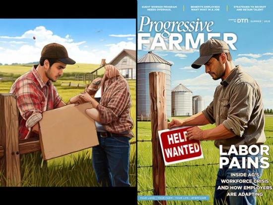 Pictured at left is one of the more than 2,000 AI-generated test images Progressive Farmer staff created for our summer 2025 magazine cover. The image on the right is the final one Progressive Farmer editors and designers selected for the cover. (Images generated by Adobe Firefly from text prompt entered by Anthony Greder; image on right edited by Barry Falkner)