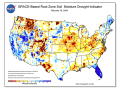 Root zone-level moisture is low to very low across the Midwest according to the satellite-based NASA-GRACE soil moisture analysis product. (NASA graphic)