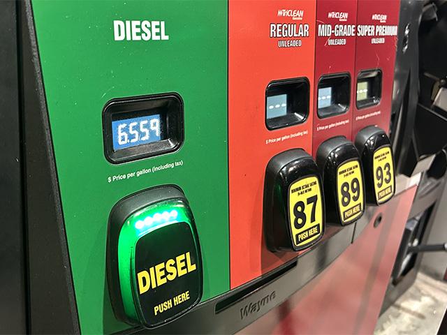 A gas pump displays a $6.55-per-gallon price for highway diesel fuel, highlighting the cost pressures facing agricultural producers. (DTN photo by Jake Zajkowski)