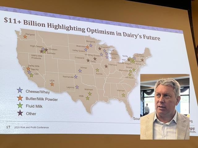 Gregg Doud, president and CEO of the National Milk Producers Federation, highlighted the recent rally in grain prices on Thursday at an agricultural outlook forum hosted by Kansas State University. Doud also spotlighted how the consumer focus on protein has helped drive more than $11 billion in dairy processing expansion across the country. (DTN photos by Chris Clayton)