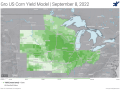 Darker shades of green represent higher corn yield averages. Iowa and Minnesota saw the largest improvements over last month, while forecasts for South Dakota and Kansas declined. (Map courtesy of Gro Intelligence)