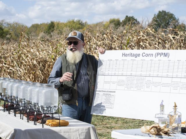 Gary Hinegardner of Wood Hat Spirits in New Florence, Missouri, discusses research on flavor compounds in heirloom corn varieties during a field day event held at the distillery this fall. (DTN photo by Jason Jenkins)