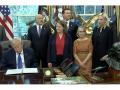 Iowa's congressional delegation joined President Trump to announce a proposed $15 billion steel facility in September. Republican leaders Mariannette Miller-Meeks and Ashley Hinson are also running for reelection to the House and election to the U.S. Senate, respectively, this November. (Screenshot from the White House livestream of Oval Office steel event)